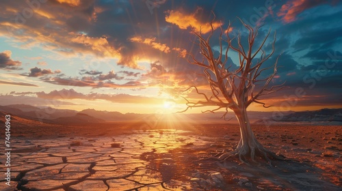 Global warming concept. dead tree under hot sunset, drought cracked desert landscape photo