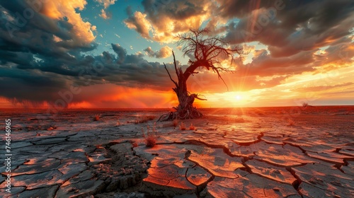 Global warming concept. dead tree under hot sunset, drought cracked desert landscape photo