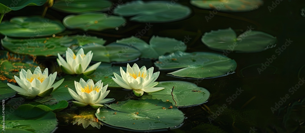 Several white water lilies are seen floating gracefully on the calm surface of a pond.