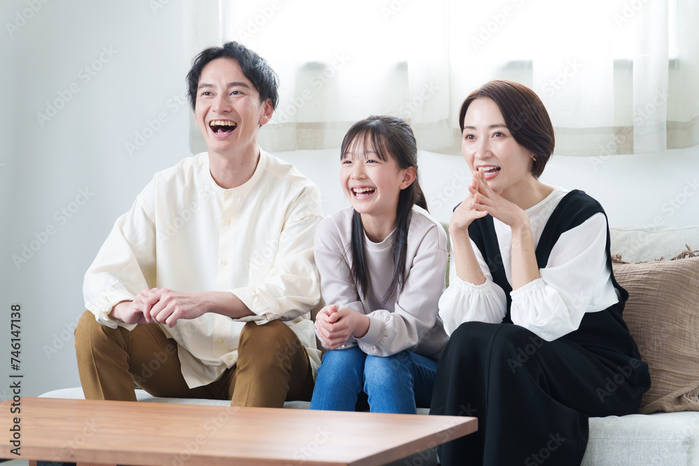 リビングでテレビを鑑賞する親子 リビングでテレビを鑑賞する親子