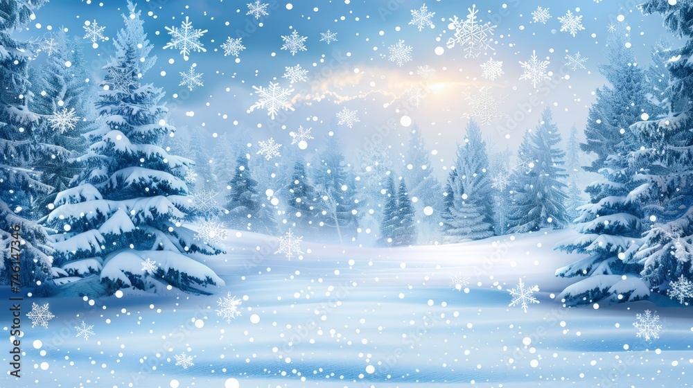 Natural Winter Christmas background with sky, heavy snowfall, snowflakes in different shapes and forms, snowdrifts. Winter landscape with falling christmas shining beautiful snow.