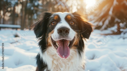 Lovely dog close up portrait posing outdoors with a funny emotion, showing his long tongue and a smiley face. Overjoyed border collie puppy enjoy the cold winter morning in the nature. © chanidapa