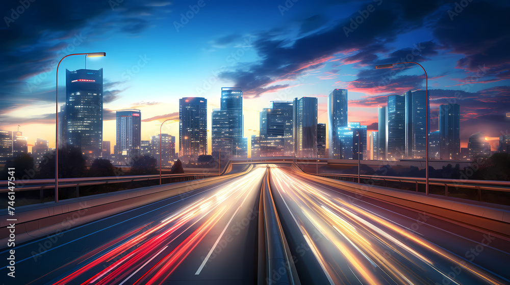 Vibrant long exposure night shot of busy traffic and skyscrapers in modern city city center