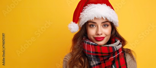 A young woman is shown wearing a Santa Claus hat and a red plaid scarf  posing against a bright yellow background.