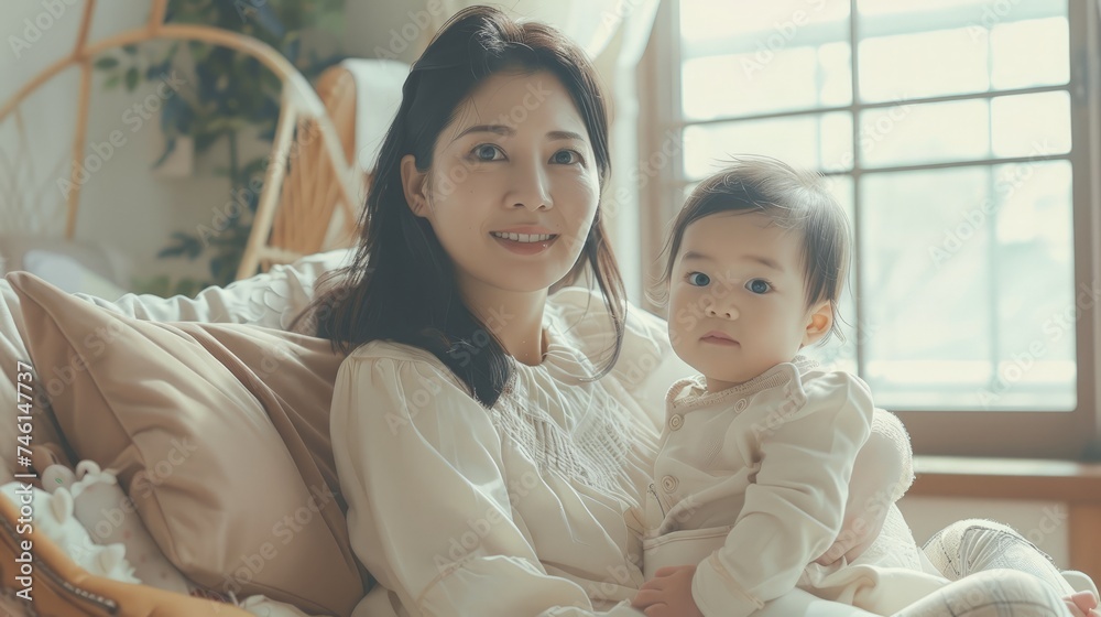 Young Asian influencer mother is selling children clothes live online streaming at home while raising her toddler as assistance Young Asian influencer mother is selling children clothes live online streaming at home while raising her toddler as assistance