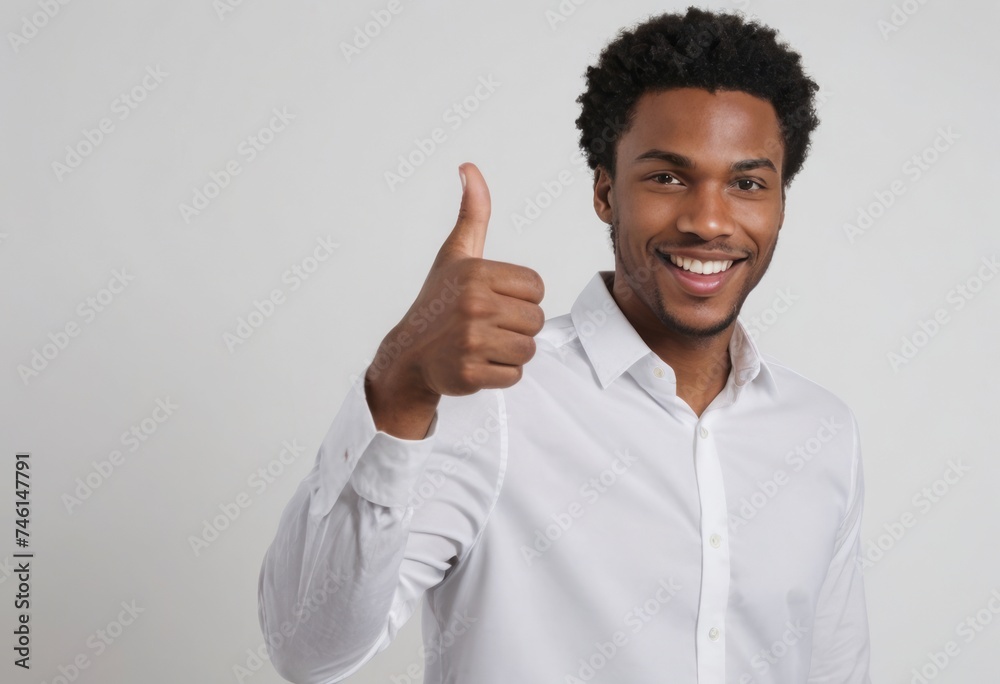 A young man in a white shirt smiles and gestures thumbs up. Reflects confidence and approval. A young man in a white shirt smiles and gestures thumbs up. Reflects confidence and approval.