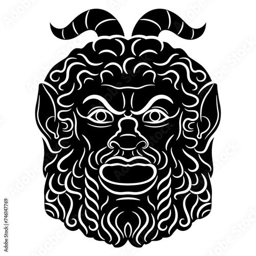 Ancient Roman mask of satyr or god Pan. Face of a bearded horned man. Antique mythology. Black and white silhouette.