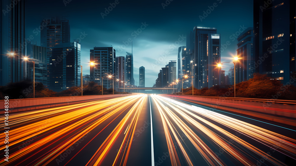 Fototapeta premium Vibrant long exposure night shot of busy traffic and skyscrapers in modern city city center