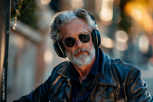 Happy Old Stylish White Man Using Headphones and Sunglasses