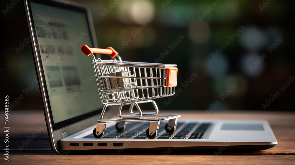 Background on the concept of online shopping. With a miniature shopping cart on top of the laptop keyboard