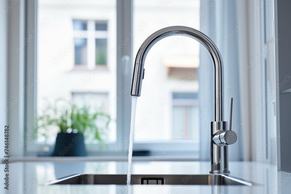A sink in a kitchen with water running from the faucet. A sink in a kitchen with water running from the faucet.