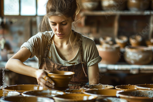 Young caucasian woman crafting pottery object in artist studio