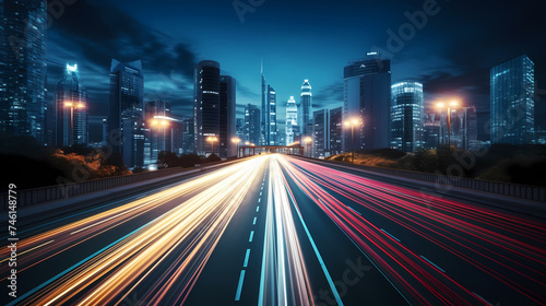 Vibrant long exposure night shot of busy traffic and skyscrapers in modern city city center