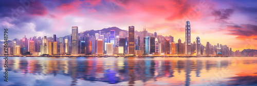 Vibrant Twilight Sky Over Bustling Hong Kong Harbour: A Showcase of Architectural Magnificence and Commerce © Lelia