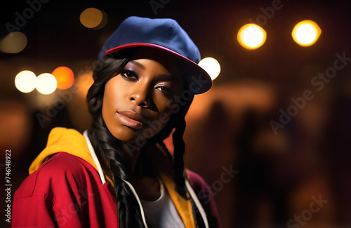 Female rapper in a baseball cap. Portrait of a hip hop lady artist. Copy space