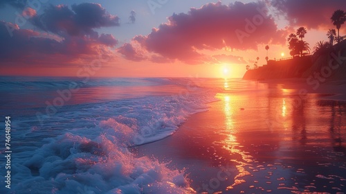 Fototapeta Naklejka Na Ścianę i Meble -  The best island beach. Inspired popular holiday sea sand tropical beach seascape horizon. Orange gold sunset sky. Quiet and relaxing summer trip