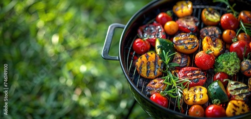 Assorted delicious grilled vegetables on barbecue grill with smoke and flames