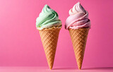 ice cream cones displayed on a colour pastel backdrop creating an artistic, A colorful ice cream cone with pink, green and blue swirls on top