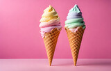 Two ice cream cones with different colors are next to each other, A colorful ice creams cone with pink, green and blue swirls on top