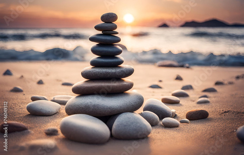 Pile of zen stones on the beach at sunset Zen concept, Balancing Act Zen Stones Stacked on Pebble Beach, Zen stones with sunset background