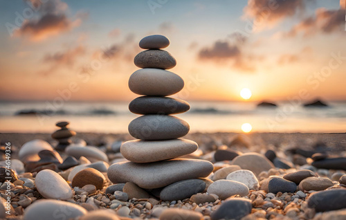 Balancing Act Zen Stones Stacked on Pebble Beach  Zen stones with sunset background