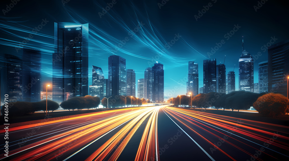 Vibrant long exposure night shot of busy traffic and skyscrapers in modern city city center