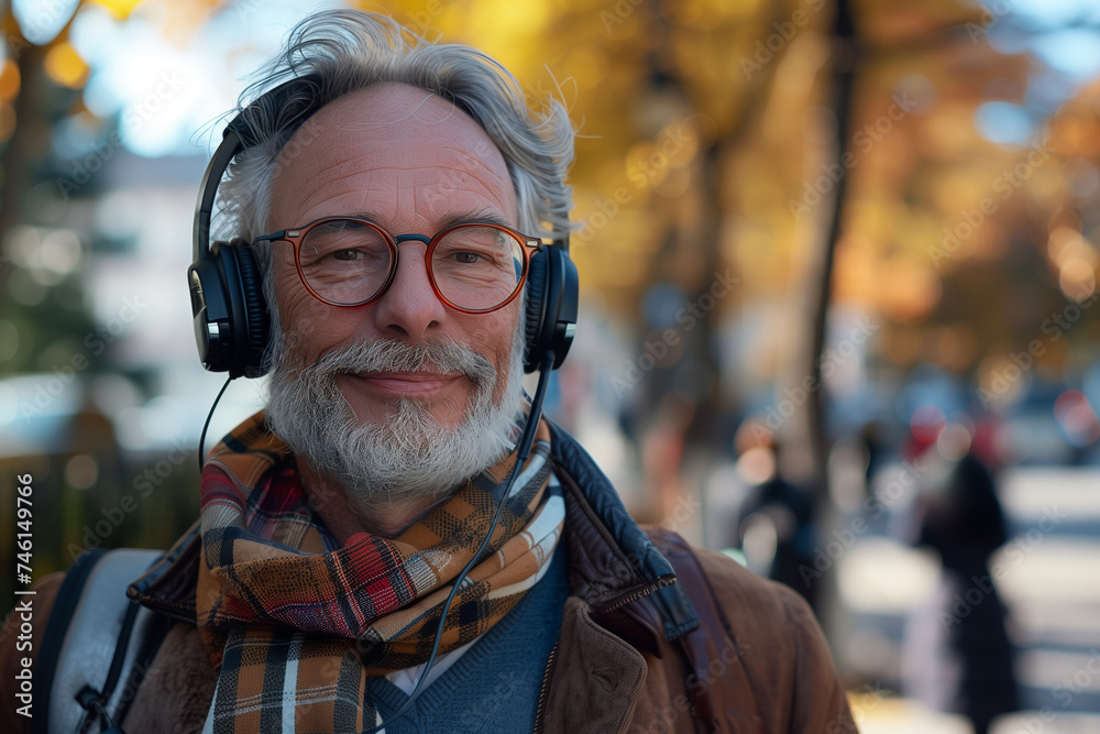 Happy Old Stylish White Man Using Headphones and Glasses Happy Old Stylish White Man Using Headphones and Glasses