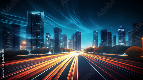 Vibrant long exposure night shot of busy traffic and skyscrapers in modern city city center