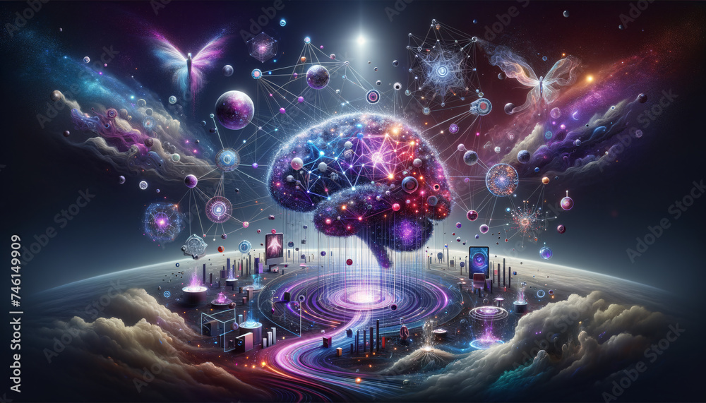 Naklejka premium Futuristic CRM Network with Abstract Elements and Surreal Colors.