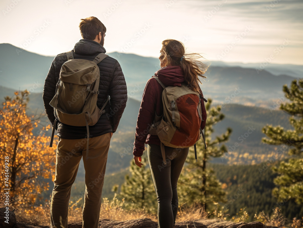 A couple hiking together on a trail, admiring the beautiful scenery and mountain views ahead.