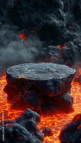 a rock podium for presenting products, molten lava background mountain erupts themed