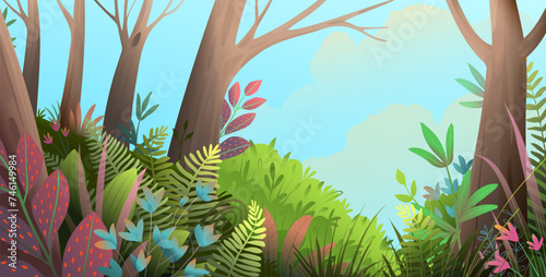 Forest background illustration for kids fairytale, cartoon magical woods. Nature with trees leaves and flowers, fantasy forest scenery for children. Vector illustration in watercolor style.
