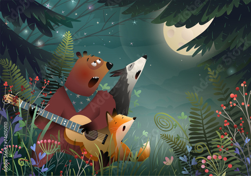Animals musical concert in the forest singing a song and playing guitar at night under full moon. Bear guitarist, wolf and fox singing song in nature with pine trees. Vector illustration for children.