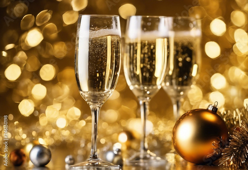 A glass of champagne on a golden background with highlights for christmas and new year With technolo
