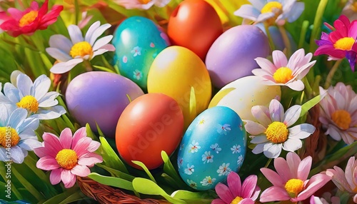 Colorful Easter Eggs in Basket with Spring Flowers