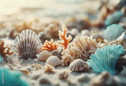 Banner background in a marine style sea patterns shells and sea-colored corals