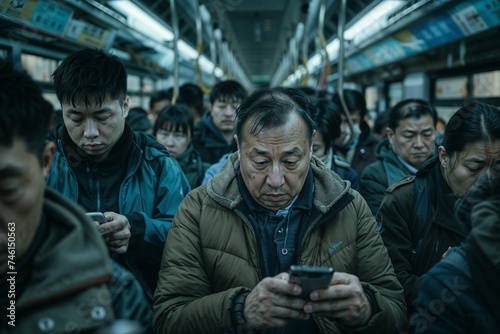 Crowd of people addicted to their phones on the subway © Charlie
