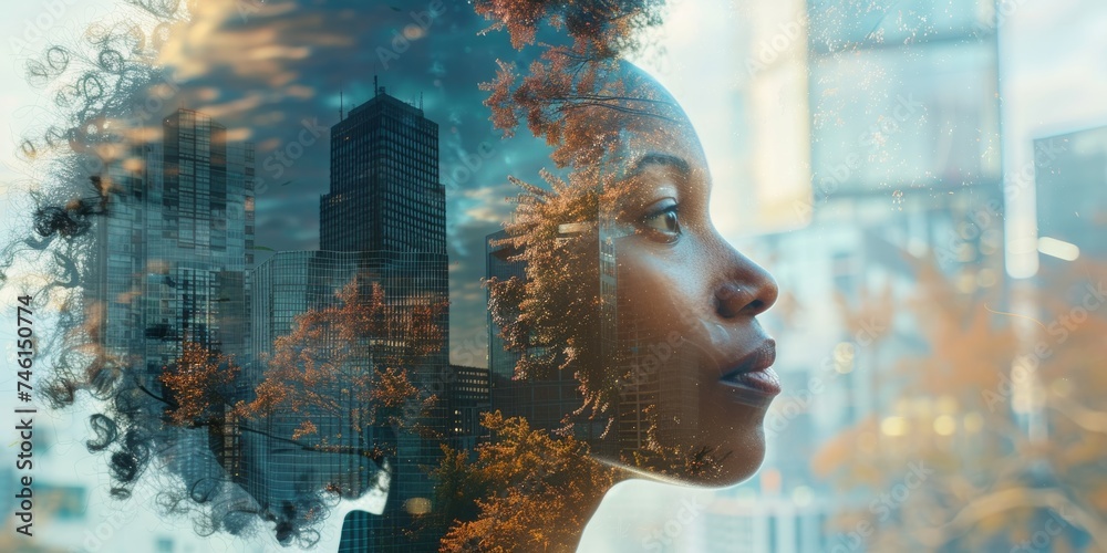 a young African American woman exudes confidence and determination amidst a group of professionals in a conference meeting, while the silhouette of a city office building provides a striking backdrop.
