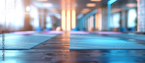 The image shows a blurred room filled with yoga mats  suggesting a space for a workout or exercise class. The mats are scattered around the room  giving a sense of movement or activity.