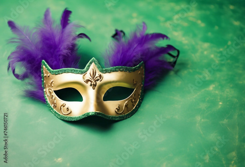 Carnival mask on a green background suitable for design with copy space Mardi Gras celebration