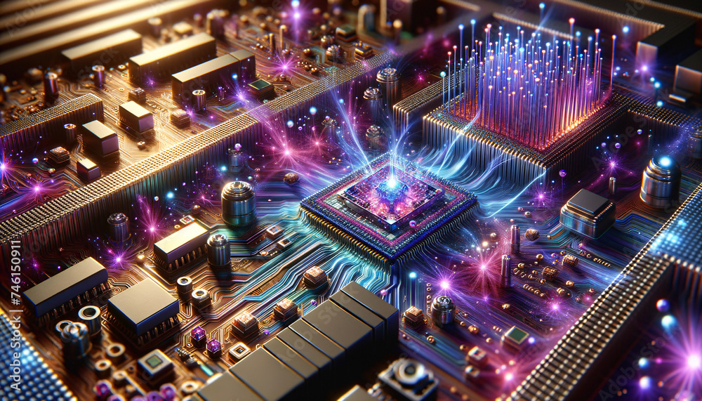 Fototapeta premium Vibrant and Dynamic Nanoelectronics Circuit Board in Macro View