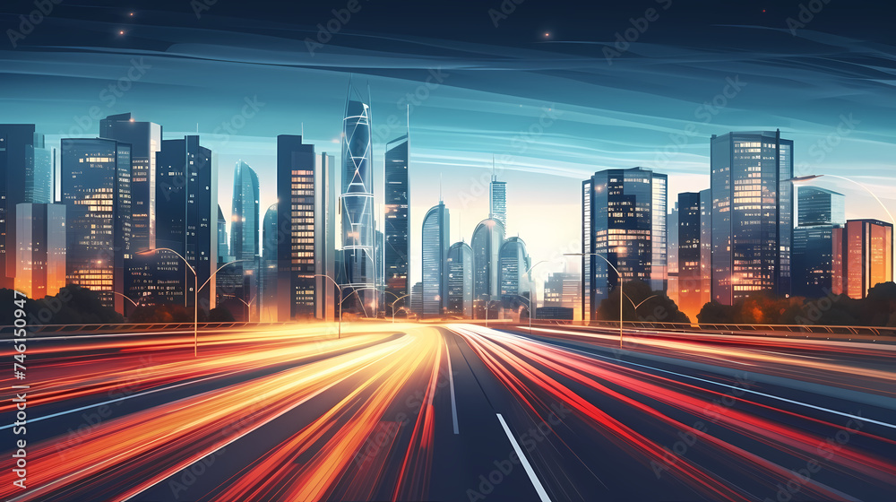 Fototapeta premium Abstract motion blur city, light trails in urban environment at night, urban movement concept