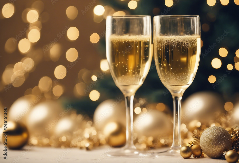 Glasses of sparkling wine on a Christmas and golden New Year background trend minimalism Glasses of sparkling wine on a Christmas and golden New Year background trend minimalism