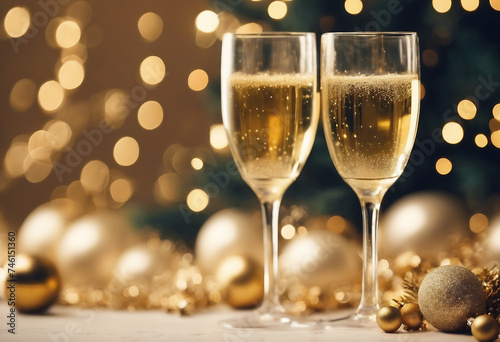 Glasses of sparkling wine on a Christmas and golden New Year background trend minimalism