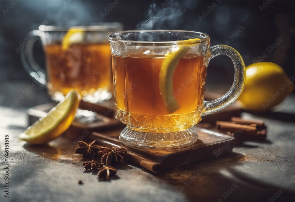 Hot toddy hot whiskey with lemon honey and spices Against the background of glare Hot toddy hot whiskey with lemon honey and spices Against the background of glare