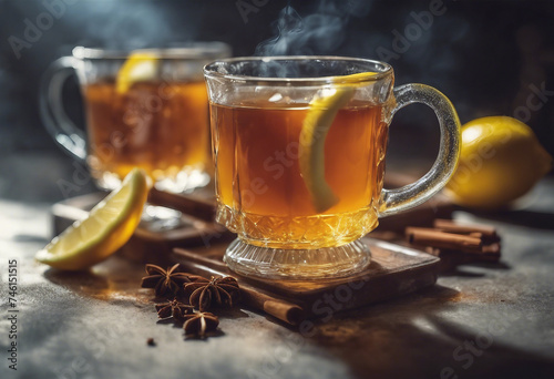 Hot toddy hot whiskey with lemon honey and spices Against the background of glare