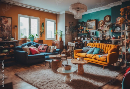Living room in trendy style Modern and vintage furniture accompany each other colorful dishes and ru photo