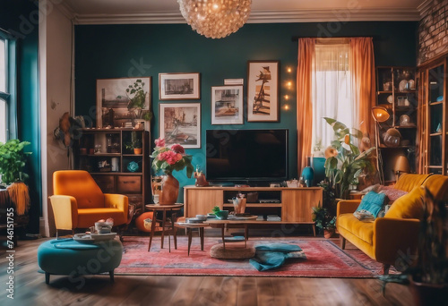 Living room in trendy style Modern and vintage furniture accompany each other colorful dishes and ru photo