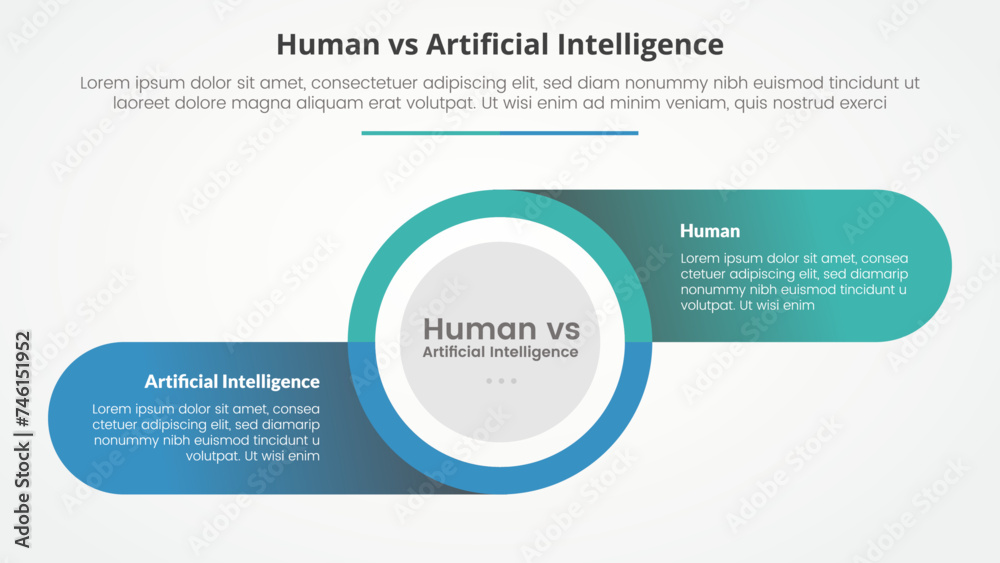 human employee vs ai artificial intelligence versus comparison opposite infographic concept for slide presentation with big circle and round rectangle information on shadow with flat style human employee vs ai artificial intelligence versus comparison opposite infographic concept for slide presentation with big circle and round rectangle information on shadow with flat style