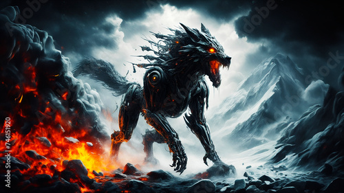 robotic wolf roars in snow mountains, sci-fi wall art design, background is fire, explosion, lava and smoke, wallpaper illustration